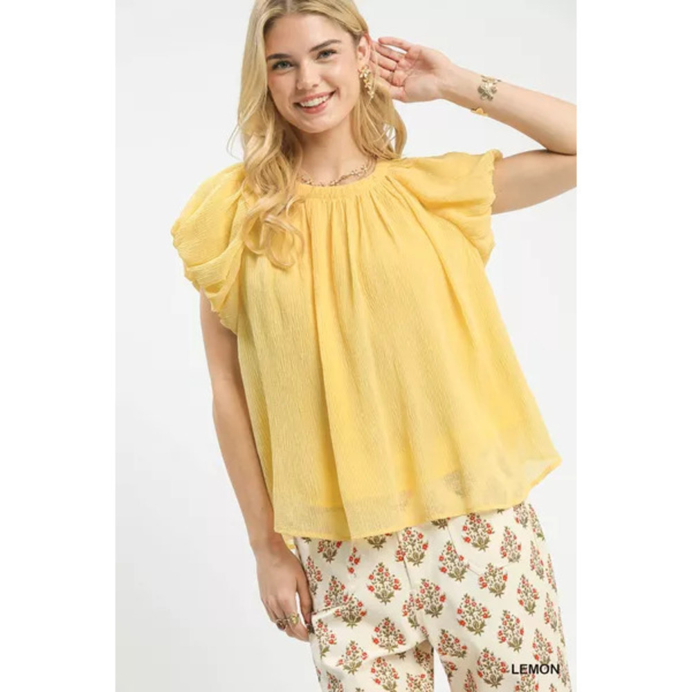 Umgee Crinkle Flutter Sleeve Peasant Top